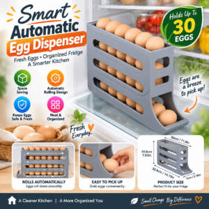 Smart Automatic Egg Dispenser for Refrigerator, 4-Tier Rolling Egg Storage Organizer with 30-Egg Capacity, Convenient Fridge Egg Rack, Space-Saving Kitchen Organizer – 1 Pc (Grey)