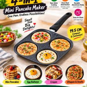 4-in-1 Mini Pancake Maker | Non-Stick Aluminium Tawa for Mini Pancakes, Egg Bullseye, Crepes, Uttapam & Snacks | 19.5 CM