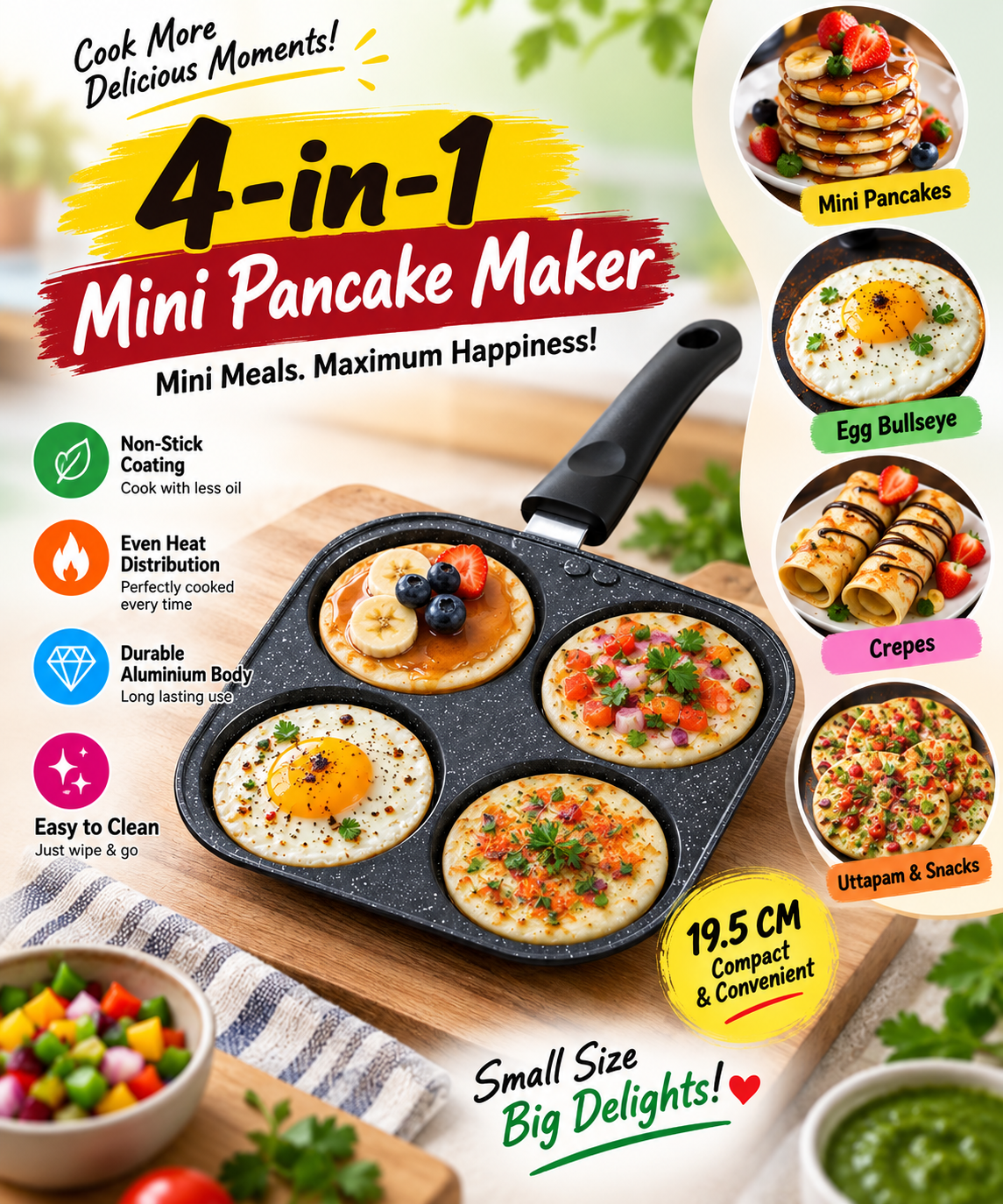 4-in-1 Mini Pancake Maker | Non-Stick Aluminium Tawa for Mini Pancakes, Egg Bullseye, Crepes, Uttapam & Snacks | 19.5 CM - Image 2